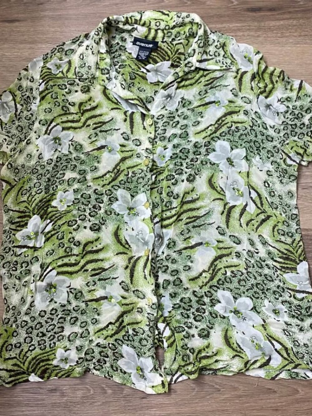 Avenue Green Animal Print Floral Button-Up Blouse | Size 14/16 | Sheer Rayon
